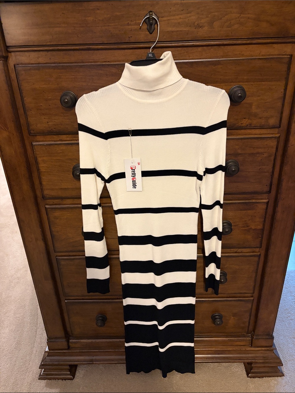Striped Turtleneck Long Sleeve Knit Dress in Cream and Black
